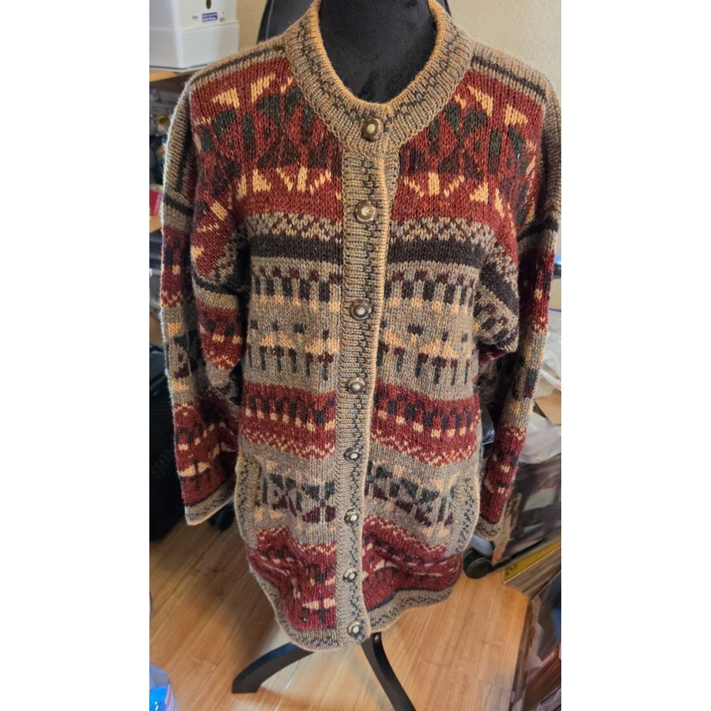 Donegal By Magee Fair Isle Wool Cardigan Sweater Womens Chunky Earthtone L